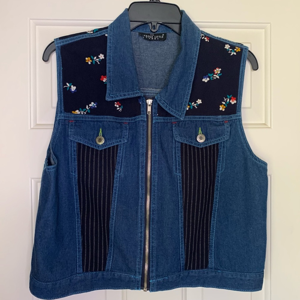 Carol Little Dark Blue Floral Denim Zip Front Vest, Women’s Large or Medium